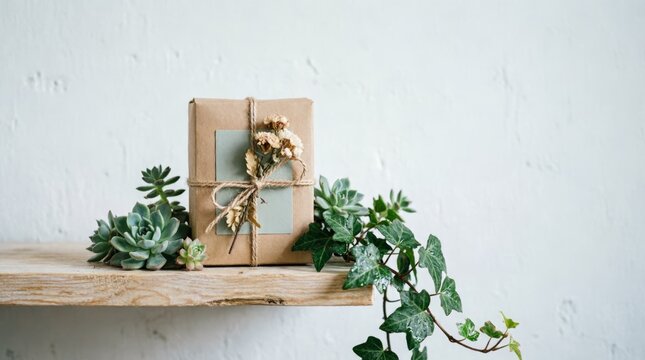 Gift Box Wrapped in Kraft Paper with Succulents and Ivy on a Wooden Shelf for Gift Wrapping
