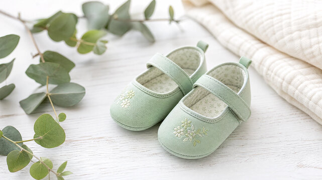 Soft  Baby Booties with Bow Detail and Wooden Rattle on Knitted Blanket