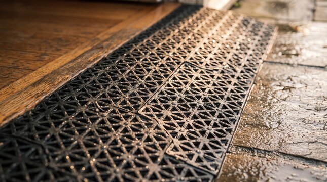 Black rubber modular threshold ramp bridging a wooden doorway and wet brick pavement, generative AI