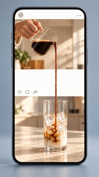 Iced Coffee Pouring Across a Social Media Interface on a Smartphone with Blank Copy Space