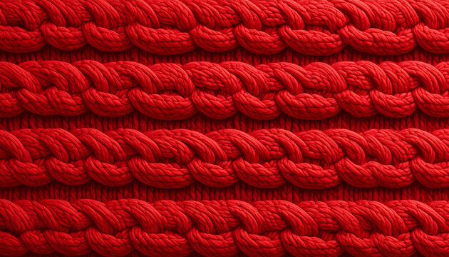 Red cable knit fabric background texture close up. Close-up of vibrant red knitted wool texture with thick braided yarn patterns. Cozy handcrafted fabric background, warm winter textile design.