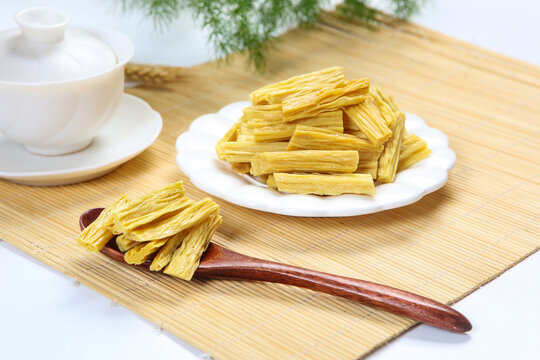 Dried Soybean Yuba Sticks Blue Plate Traditional Food Shot