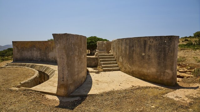 Crumbling concrete walls with stairs in a barren environment, Lost Place, Air Defence Position, Aerophone, Parabolic Acoustic Mirror, Patella Mountain, WW2, west of Lakki, Leros, Dodecanese, Greek Islands, Greece