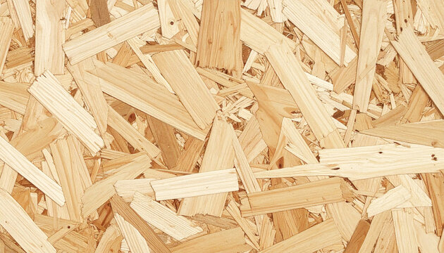 Detailed beige particleboard and OSB chipboard texture. Compressed wood flake background, natural wooden carpentry material, and industrial building surface.