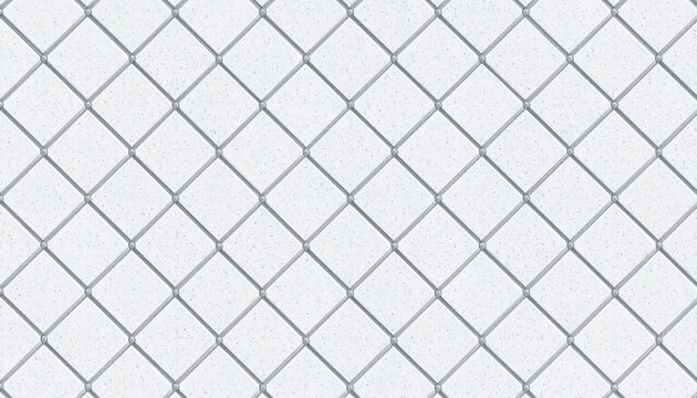 White diagonal square ceramic tiles pattern with metallic reinforcement grid lines, modern architectural texture background for interior design and industrial projects.