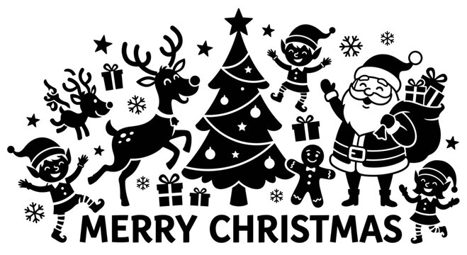 Merry Christmas Black and White Vector Karikatur Silhouette Illustration Set for Holiday Design