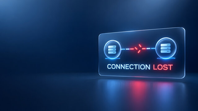 Connection lost network error concept with broken server data link on glowing glass interface representing internet outage and IT system failure
