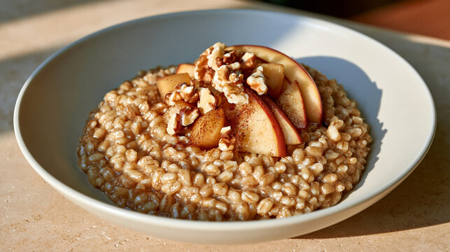 Barley porridge with apple slices and walnuts in a white bowl