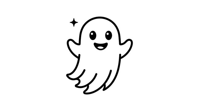 Minimalist black outline of a happy floating ghost character on a white background.