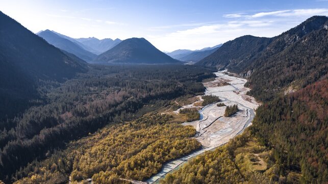 Aerial view, natural riverbed of the upper Isar, wild river landscape Isartal, Bavaria, Germany