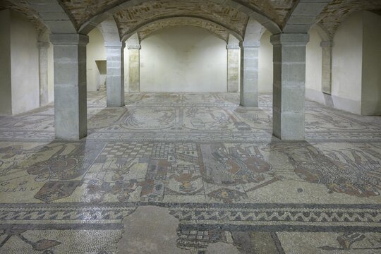 12th century mosaic floor in the Abbey of San Colombano, Bobbio, Piacenza, Italy