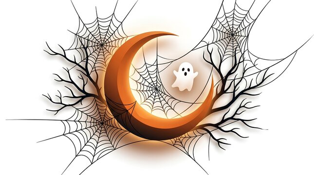 Minimalist crescent moon tangled in spiderwebs with a small white ghost on white background.