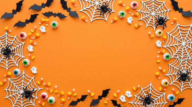 Halloween Festive Border: Bats, Spiders, Webs, Candy Corn, Eyeballs, Ghosts - Orange Background