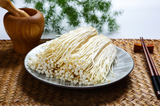 Fresh Enoki Mushrooms White Plate Raw Vegetable Still Life