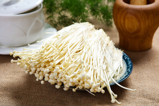 Fresh Enoki Mushrooms White Plate Raw Vegetable Still Life