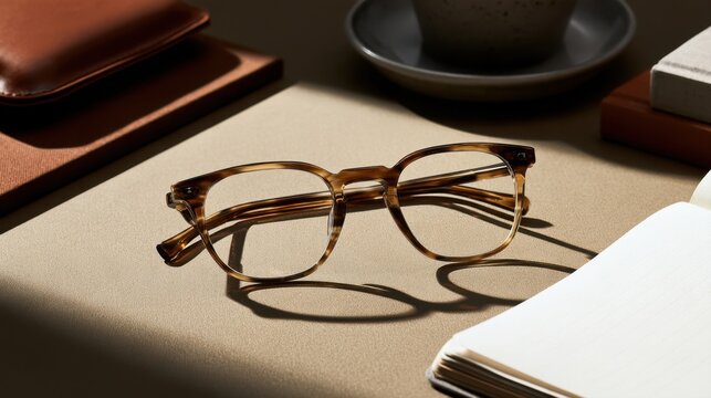 Close up shot of stylish brown tortoise shell eyeglasses lying on neutral table next to open notebook and coffee cup in warm soft light, optic, prescription glasses, study, work concept