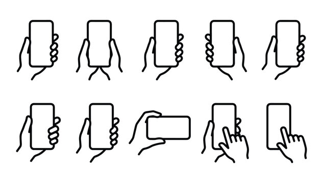 Minimalist black outline hands holding smartphone icons set representing touch screen gestures vertical and horizontal mobile phone holding
