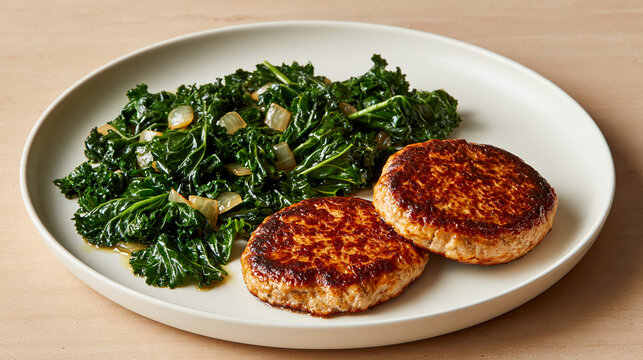 Fried salmon patties with saut&eacute;ed kale and onions on a white plate  