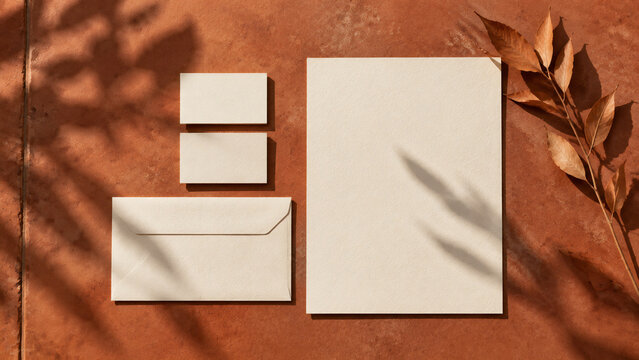 Minimalist stationery mockup featuring blank business cards and letterhead paper arranged on rustic terracotta surface