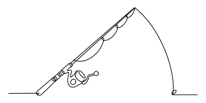 Continuous single line drawing of a fishing rod with a reel and fishing line