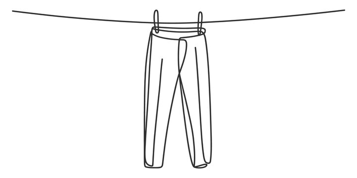 Pair of pants hanging on a clothesline drawn in a simple continuous line style