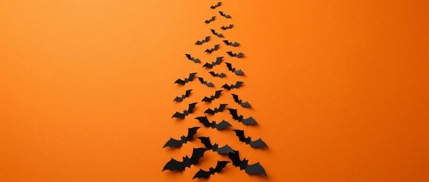 Halloween Bat Garland Tree on Orange Background