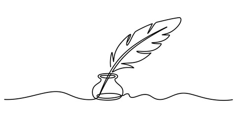 Continuous single line drawing of an old feather quill pen in a glass inkwell © ShaplaDrawing