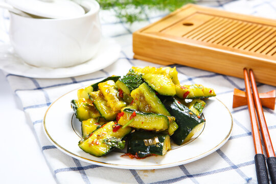 Smashed Cucumber Spicy Cold Salad White Ceramic Plate