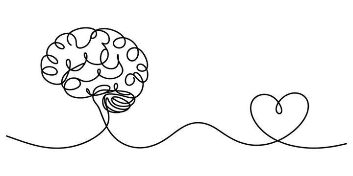 Continuous line drawing of a human brain connected to a heart symbol
