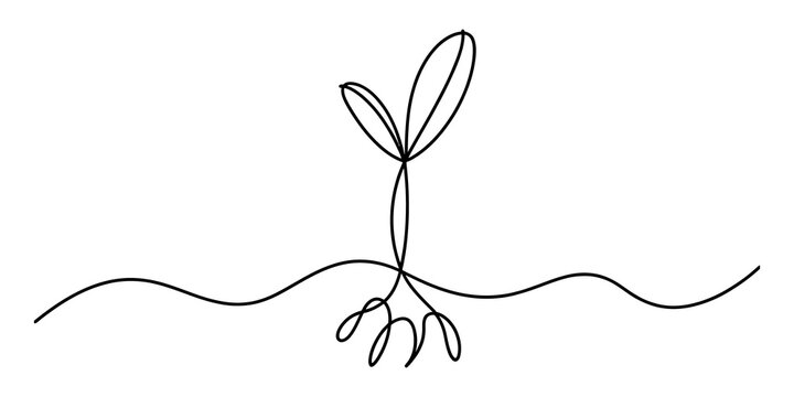 Small plant sprout growing from soil continuous line drawing