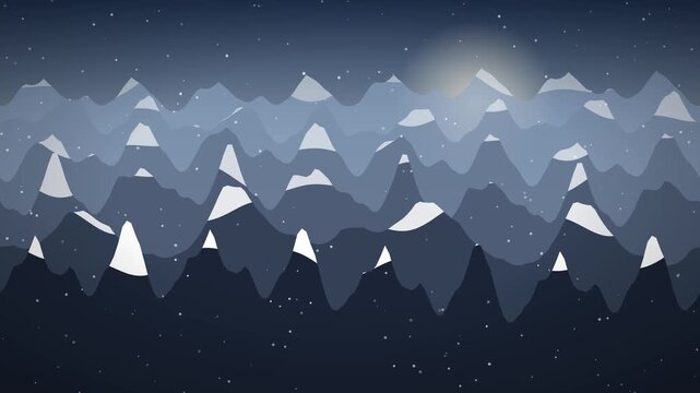 Abstract winter mountain range with snow peaks under a starry night sky and glowing moon or sun