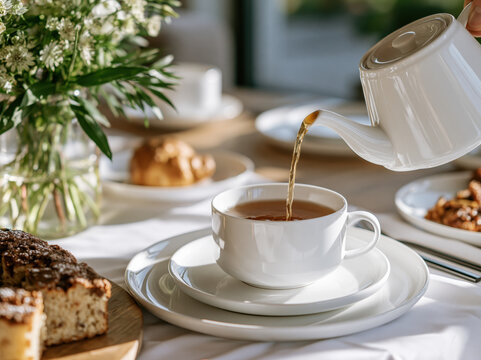 Tea teapot teacup saucer breakfast morning table cake pastry dessert tea pouring into teacup saucer with cake and pastry breakfast table, warm sunlight creating cozy morning atmosphere with floral