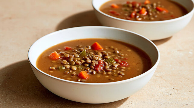 Lentil soup with carrots and tomatoes served in white bowls on table  