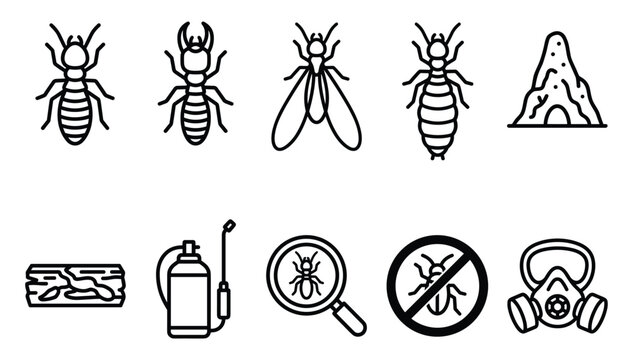 Minimalist black outline icon set of termite pest control services wood damage and exterminator equipment elements