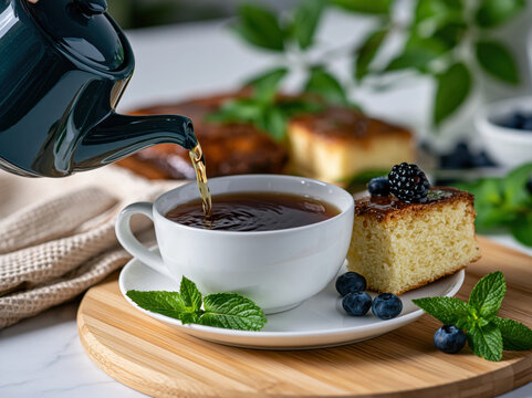 Tea cup teapot cake blueberry blackberry mint dessert breakfast beverage Relaxing tea cup with hot beverage poured from teapot beside cake slice topped with blackberry, blueberry and mint wooden