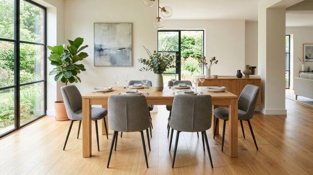 A modern, minimalist dining room with a wooden table and chairs, a large window, and a painting on the wall.