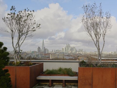 Rooftop terrace garden with London skyline and The Shard in the distance