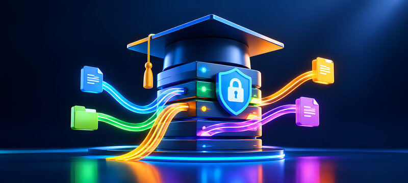 Secured Data Server Tower with Graduation Cap Floating Document Icons

