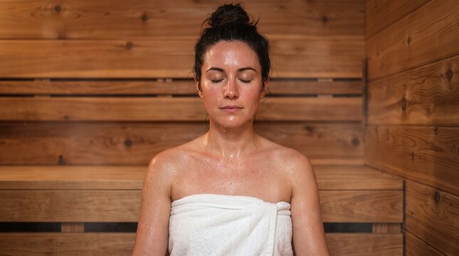 Meditating Woman Close-Up in Wooden Sauna