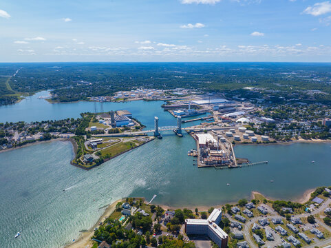 Fore River Bridge aerial view across Weymouth Fore River between Quincy and Weymouth, Massachusetts MA, USA. 