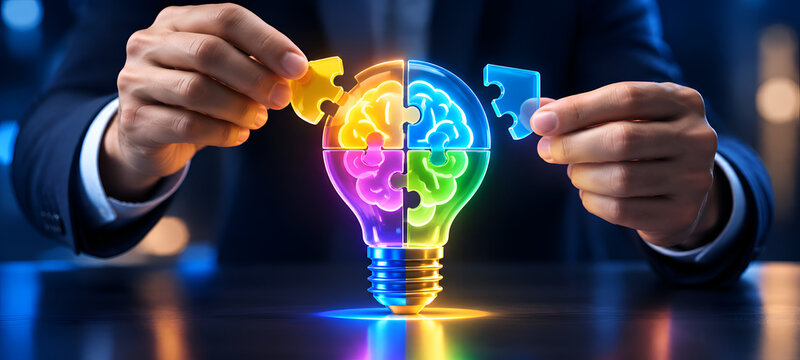 Businessman Hands Assembling Glowing Puzzle Pieces into Brain Bulb Concept

