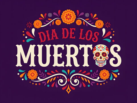 Dia de los Muertos typography design with sugar skull and floral elements