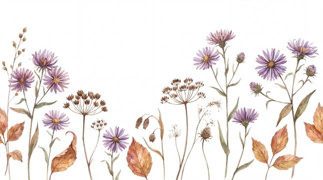 Watercolor autumn floral border illustration, delicate purple asters and dried brown leaves, botanical design element on white background, natural fall season decor