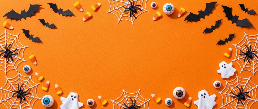 Halloween Corner Decorations: Bats, Spiders, Ghosts, Candy Corn & Eyeballs on Orange Background