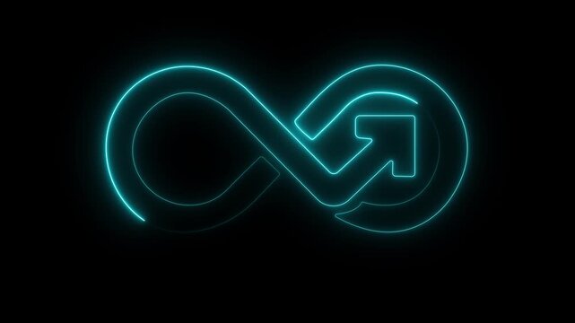 Cyan neon infinity symbol with an upward arrow integrated into its loop on a black canvas