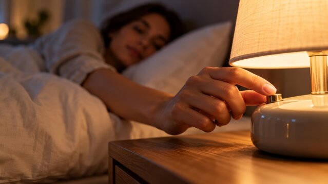 Woman in bed reaching to switch off bedside lamp. Sleep and rest. Bedtime routine and nighttime relaxation. Restful sleep and bedroom wellness. Sleep hygiene and bedtime comfort.