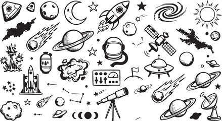 Hand Drawn Space and Astronomy Doodle Set Line Art Vector Illustration © Musharof