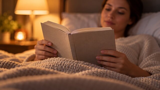 Woman reading a book in bed beneath a knitted blanket. Sleep and rest before bedtime. Relaxation and leisure reading as an evening routine. Cozy bedroom retreat for unwinding at home.