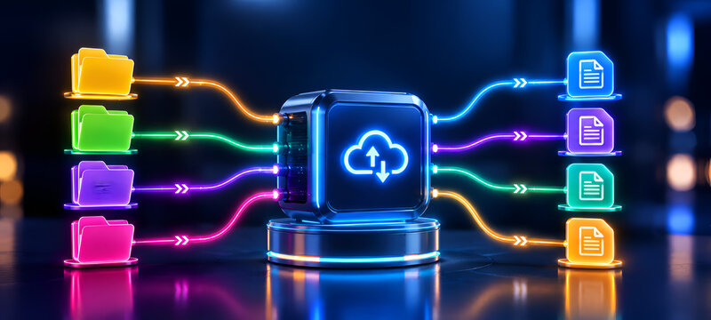 Glowing Cloud Storage Server Connecting Multiple Color Coded Folders and Digital Documents

