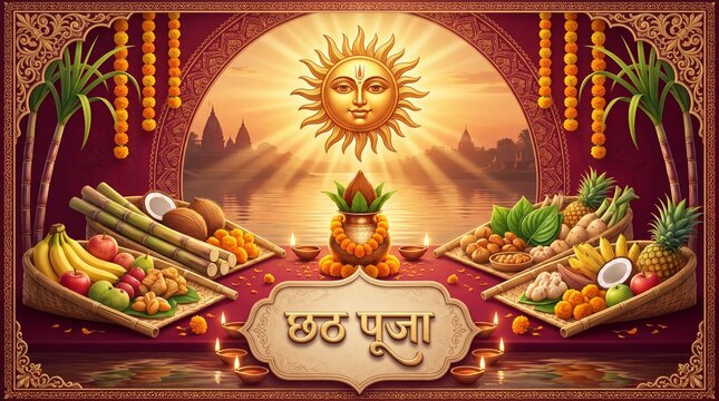 Chhath puja festival greeting banner with traditional offerings sun illustration and empty space for text hindu festival sun god festival
